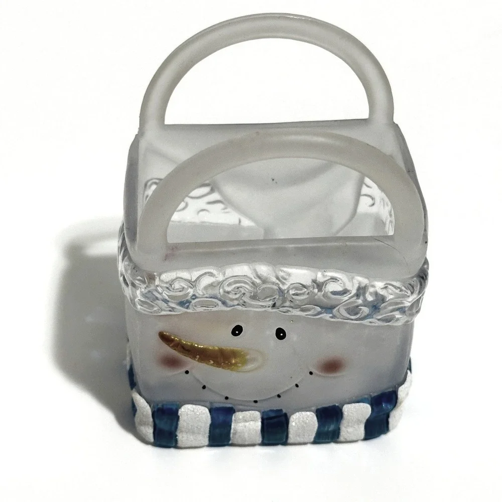Hand Painted Snowman Glass Basket Decor Clear Blue Excellent Holiday Frosted